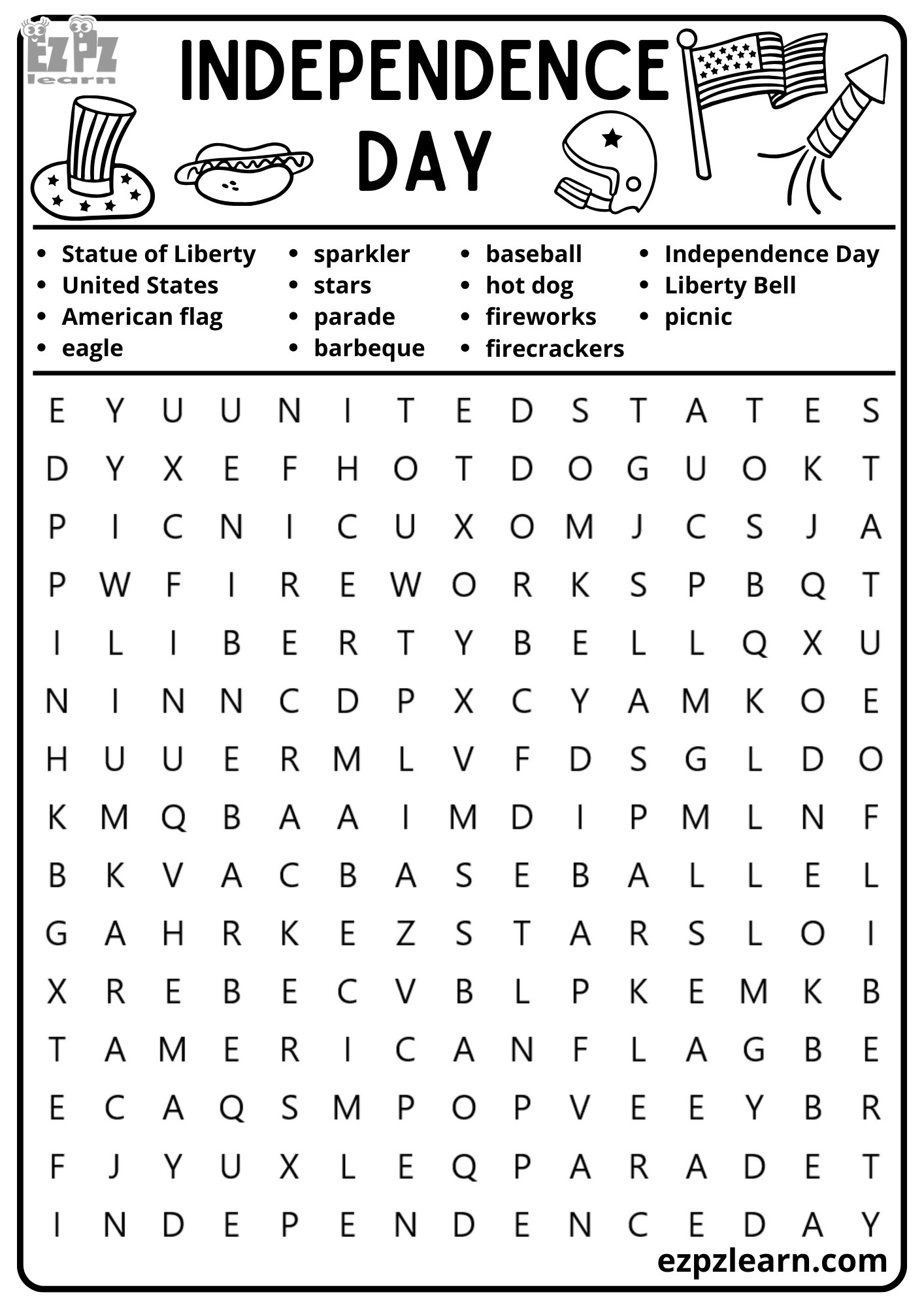 Independence Day Holiday Vocabulary Word Search for Kids and ESL